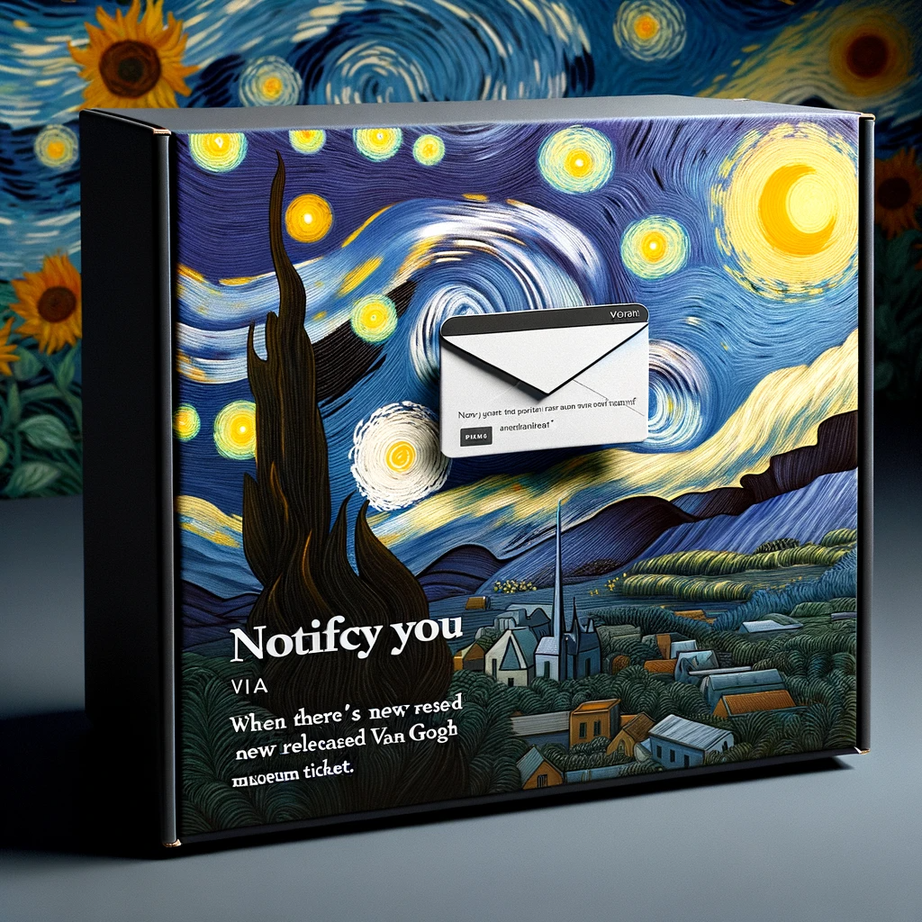 DALL·E 2023-10-21 20.02.57 - Photo of a sleek digital product box against a backdrop inspired by Van Gogh's 'Starry Night'. The box has a clear title_ 'notify you via email when t